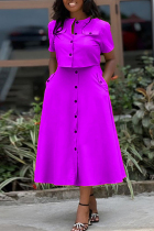 Purple Casual Solid Color Pocket Buckle Patchwork O Neck Short Sleeve Two Pieces