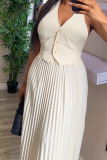 White Celebrities Solid Color Buckle Pleated Patchwork V Neck Sleeveless Two Pieces