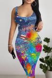 Blue Gray Casual Faux Denim Print Basic U Neck Vest Dresses
