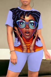 Light Purple Casual Figure Print Basic O Neck Short Sleeve Two Pieces