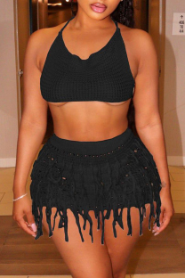 Black Sexy Solid Lace Backless Cross Straps Weave Spaghetti Strap Sleeveless Two Pieces