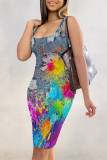 Blue Gray Casual Faux Denim Print Basic U Neck Vest Dresses