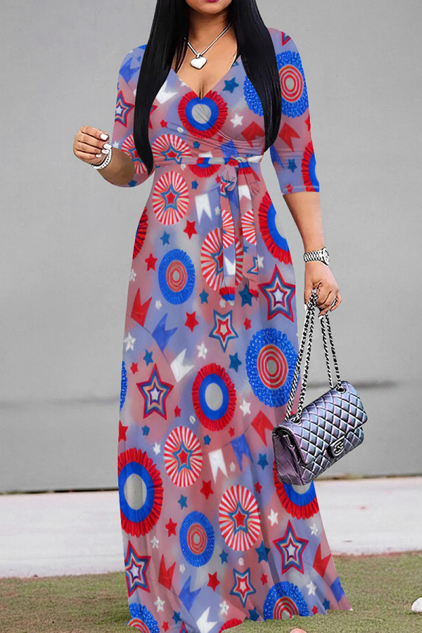 Powder Blue Casual Print Strap Design Patchwork V Neck A Line Dresses