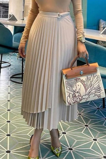 Apricot Casual Solid Color Pleated Patchwork Loose High Waist Pencil Patchwork Bottoms