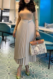 Apricot Casual Solid Color Pleated Patchwork Loose High Waist Pencil Patchwork Bottoms