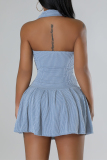 Sky Blue Sexy Solid Color Buckle Ruched Patchwork U Neck A Line Dresses