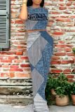 Blue Gray Casual Street Letter Print Faux Denim Print Pocket O Neck Short Sleeve Two Pieces