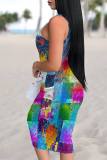 Blue Gray Casual Faux Denim Print Basic U Neck Vest Dresses