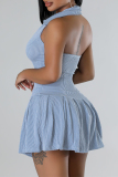 Sky Blue Sexy Solid Color Buckle Ruched Patchwork U Neck A Line Dresses
