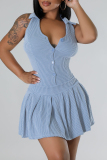 Sky Blue Sexy Solid Color Buckle Ruched Patchwork U Neck A Line Dresses