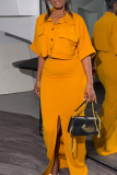 Red Celebrities Solid Color Pocket Buckle Slit Patchwork Turndown Collar Half Sleeve Two Pieces