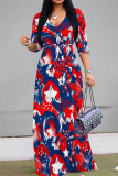 Powder Blue Casual Print Strap Design Patchwork V Neck A Line Dresses