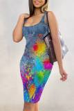 Blue Gray Casual Faux Denim Print Basic U Neck Vest Dresses
