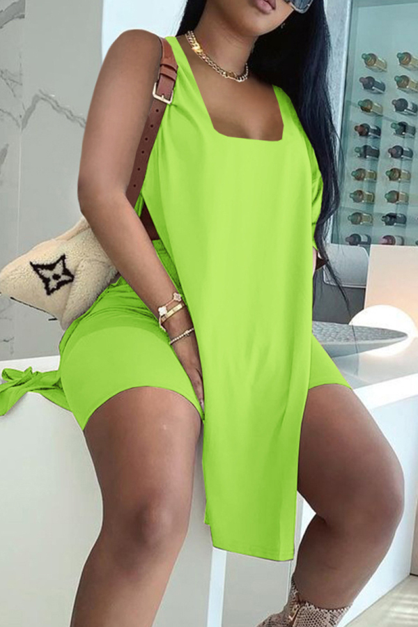 Fluorescent Green Casual Solid Color High Slit Patchwork Square Neck Sleeveless Two Pieces