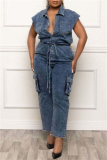 Navy Blue Casual Solid Color Pocket Patchwork Turndown Collar Sleeveless Bodycon Denim Jumpsuits
