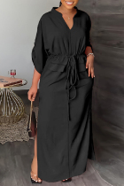 Black Casual Solid Color Slit V Neck Long Dresses