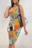 Multicolor Casual Graffiti Print Contrast U Neck Printed Dresses