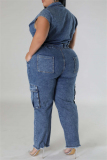 Navy Blue Casual Solid Color Pocket Patchwork Turndown Collar Sleeveless Bodycon Denim Jumpsuits