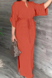 Green Casual Solid Color Slit V Neck Long Dresses
