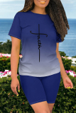 Purple Casual Daily Gradient Print Letter Print Contrast O Neck Short Sleeve Two Pieces