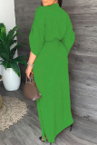 Green Casual Solid Color Slit V Neck Long Dresses