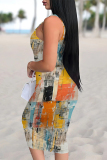 Multicolor Casual Graffiti Print Contrast U Neck Printed Dresses