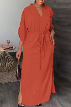 Orange Red Casual Solid Color Slit V Neck Long Dresses