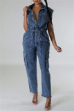 Navy Blue Casual Solid Color Pocket Patchwork Turndown Collar Sleeveless Bodycon Denim Jumpsuits