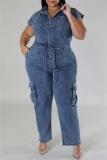 Navy Blue Casual Solid Color Pocket Patchwork Turndown Collar Sleeveless Bodycon Denim Jumpsuits