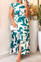 Green Celebrities Print Slit Patchwork O Neck Long Dresses