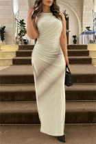 Brown Sexy Casual Print Ruched O Neck Long Dresses