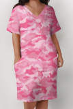 Gray White Casual Camouflage Print Pocket Contrast V Neck Printed Plus Size Dresses