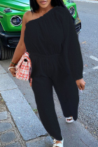 Black Casual Solid Color Ruched Patchwork Oblique Collar Loose Jumpsuits