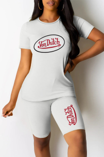 White Casual Daily Letter Print O Neck Short Sleeve Two Pieces