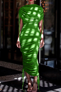 Green Street Solid Color Draw String Ruched Patchwork O Neck Long Dresses
