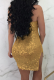 Gold Casual Solid Color Sequins Slit Patchwork Strapless Wrapped Skirt Dresses
