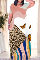Powder White Casual Leopard Print The stars Butterfly Print Contrast O Neck Printed Dresses