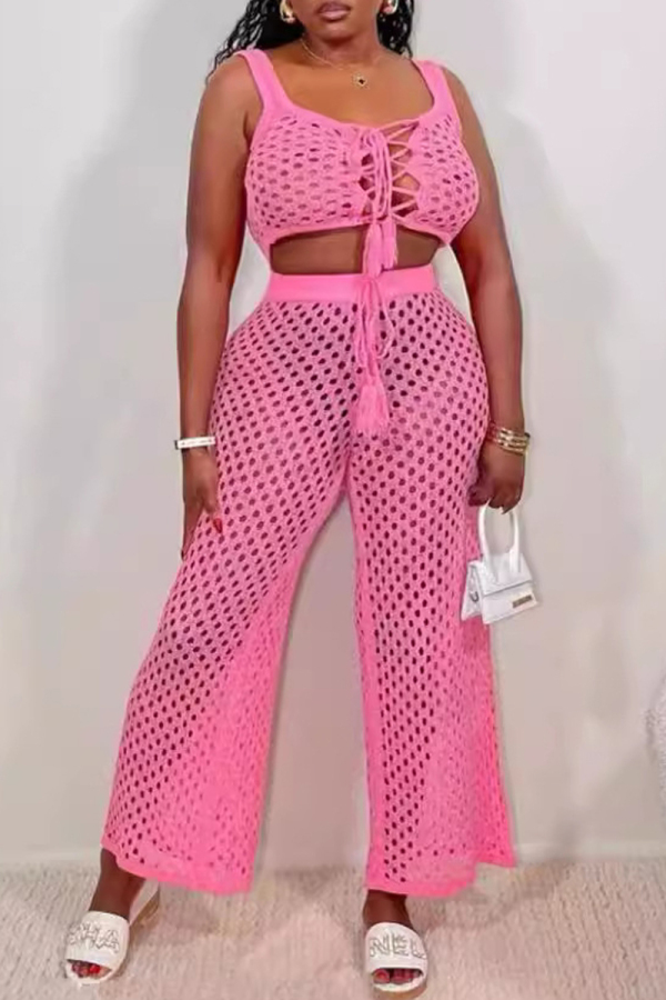 Pink Sexy Solid Color Hollow Out Strap Design Patchwork U Neck Sleeveless Two Pieces