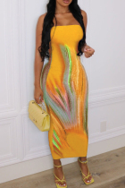 Yellow Sexy Print Patchwork Strapless Long Dresses