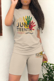 Beige Casual Graffiti Print Letter Print O Neck Short Sleeve Two Pieces