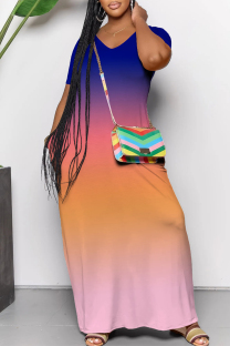 Multicolor Casual Daily Gradient Print Contrast V Neck Printed Dresses