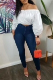 White Casual Solid Color Backless Patchwork Off Shoulder Tops
