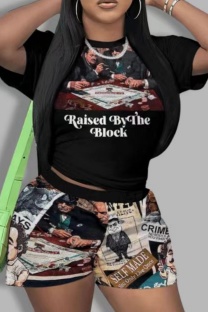 Black White Casual Print Basic O Neck Short Sleeve Two Pieces