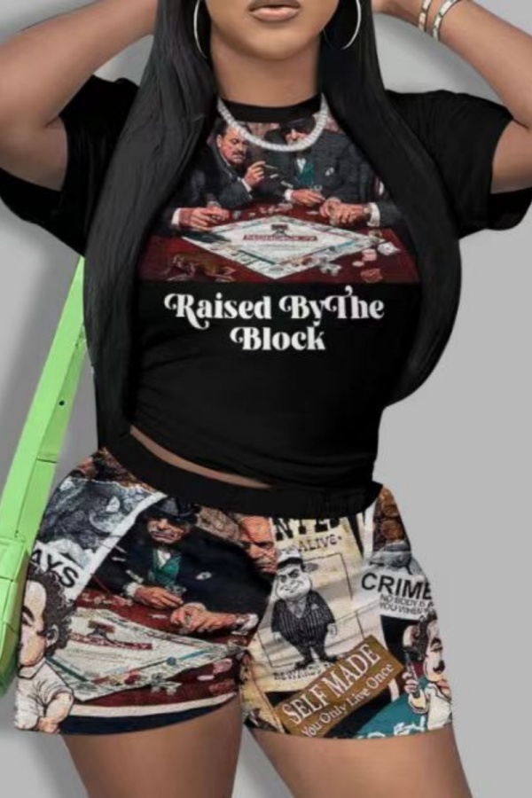 Black White Casual Print Basic O Neck Short Sleeve Two Pieces