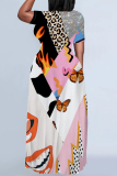 Powder White Casual Leopard Print The stars Butterfly Print Contrast O Neck Printed Dresses