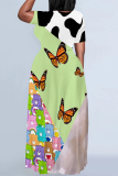 Powder White Casual Leopard Print The stars Butterfly Print Contrast O Neck Printed Dresses