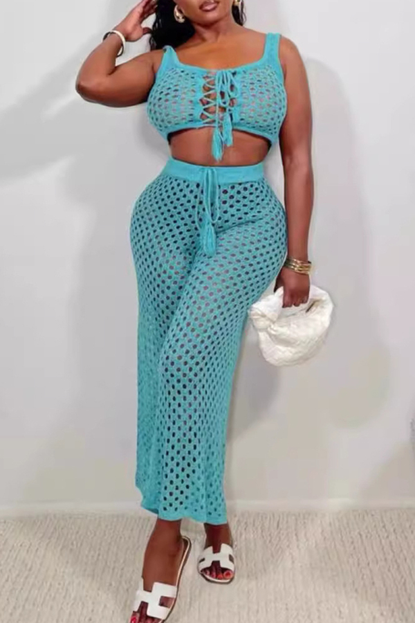 Peacock Blue Sexy Solid Color Hollow Out Strap Design Patchwork U Neck Sleeveless Two Pieces