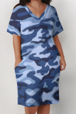 Gray White Casual Camouflage Print Pocket Contrast V Neck Printed Plus Size Dresses