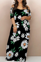 Black And White Sexy Flowers Print Off Shoulder Printed Dresses