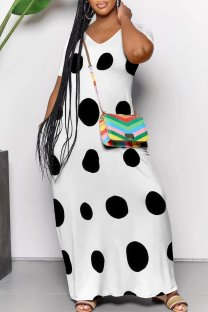 White Casual Polka Dot Print Pocket Contrast V Neck Printed Dresses